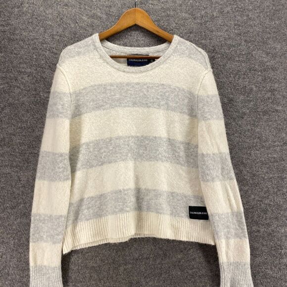 Calvin Klein Sweater Pullover Women L Large White Striped Knit Alpaca Casual - Picture 3 of 9